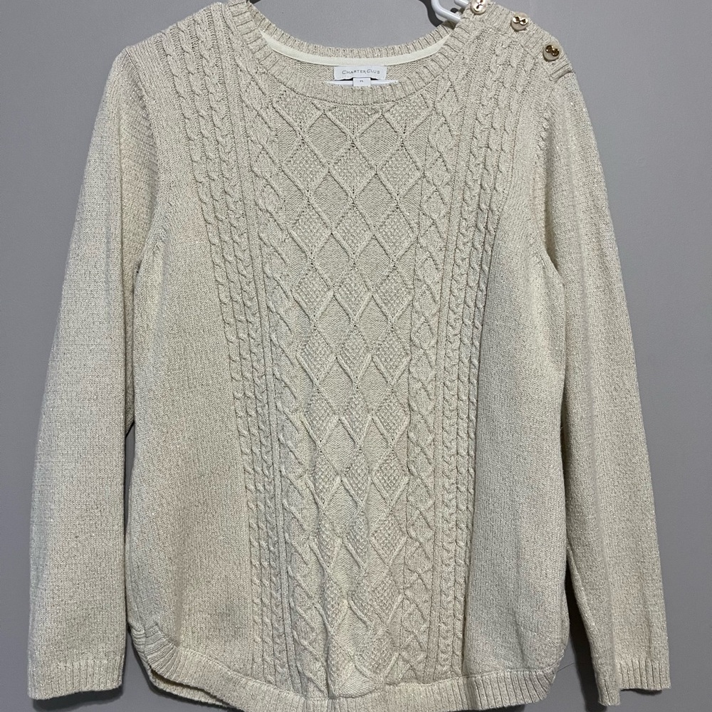 Charter Club Metallic Cable Knit Sweater Cream PL‎ Sparkle Fisherman Buttons